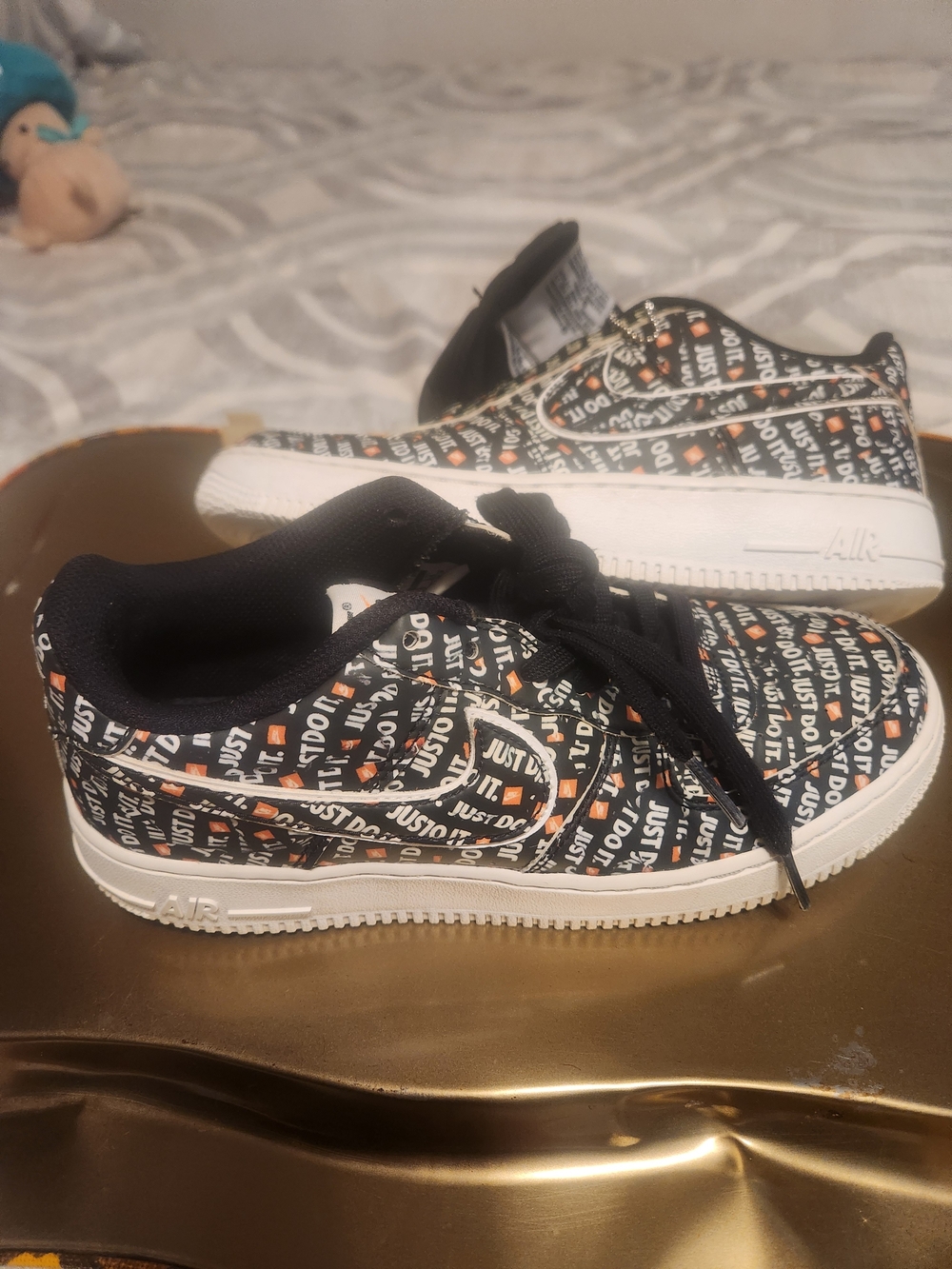 Nike Black & White 'Just Do It' Patterned Kids Sneakers with Orange Accents